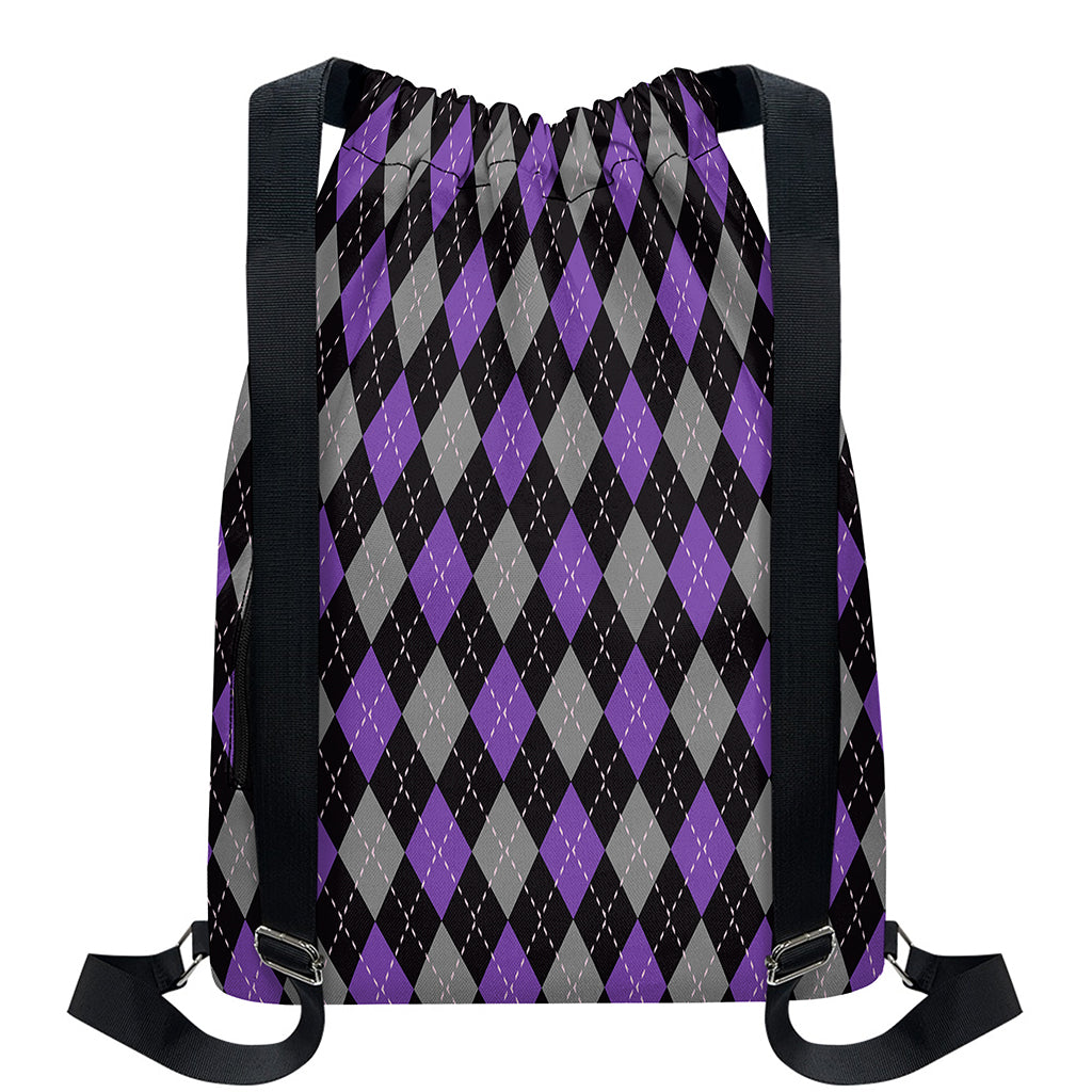 Black Grey And Purple Argyle Print Drawstring Backpack