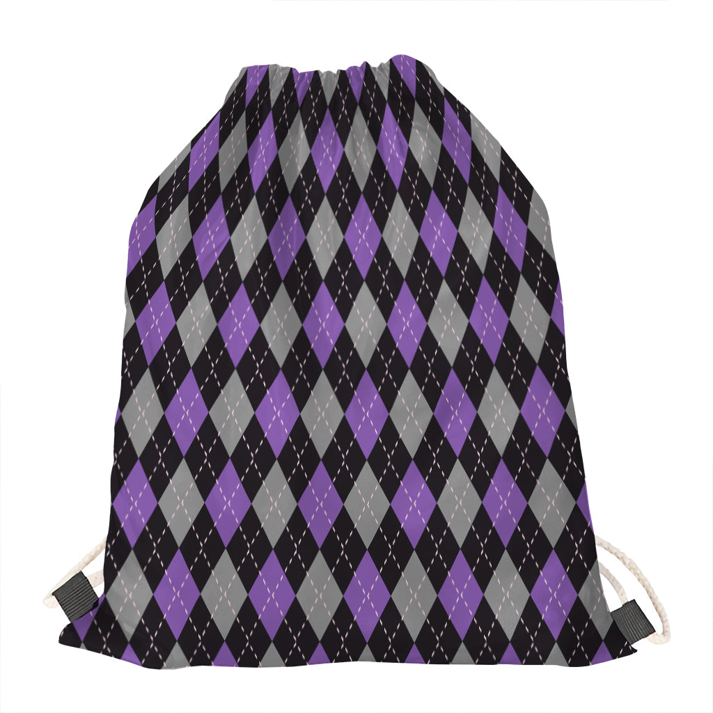Black Grey And Purple Argyle Print Drawstring Bag
