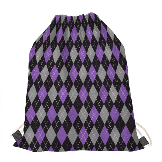 Black Grey And Purple Argyle Print Drawstring Bag