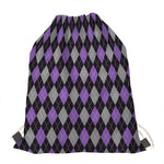 Black Grey And Purple Argyle Print Drawstring Bag