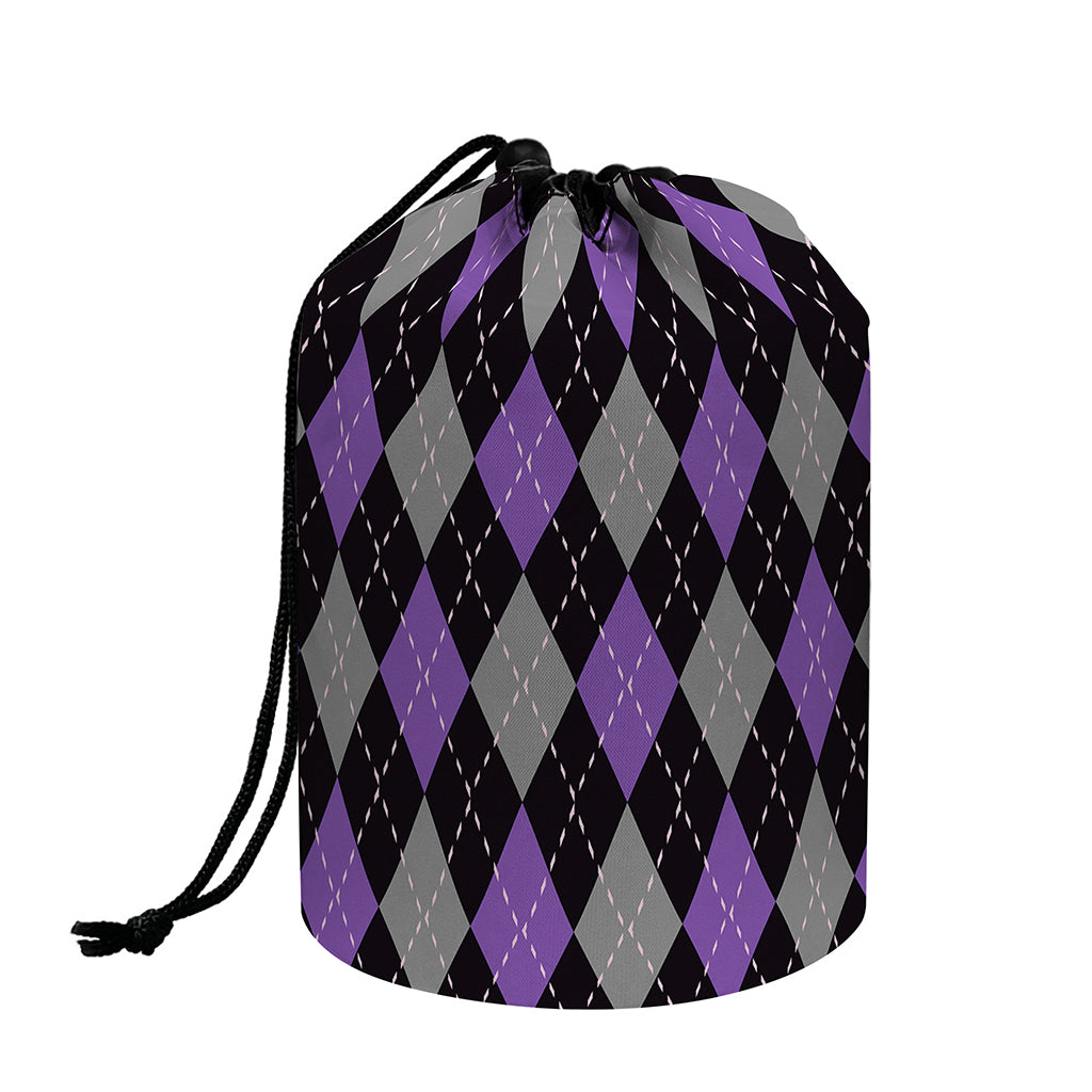 Black Grey And Purple Argyle Print Drawstring Makeup Bag