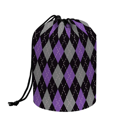 Black Grey And Purple Argyle Print Drawstring Makeup Bag