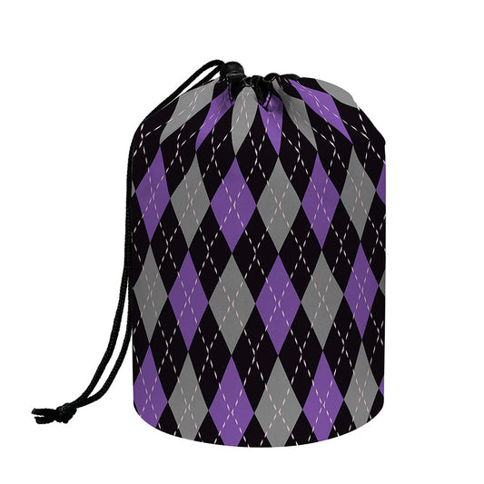 Black Grey And Purple Argyle Print Drawstring Makeup Bag