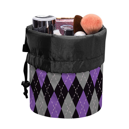 Black Grey And Purple Argyle Print Drawstring Makeup Bag