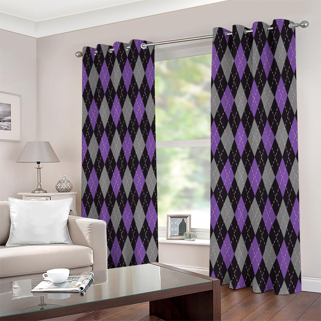 Black Grey And Purple Argyle Print Extra Wide Grommet Curtains