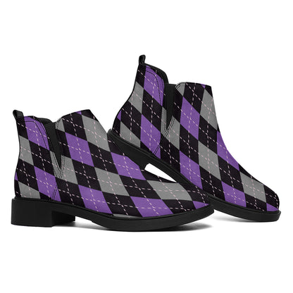 Black Grey And Purple Argyle Print Flat Ankle Boots