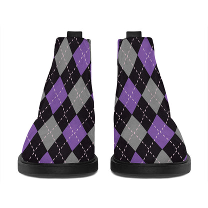Black Grey And Purple Argyle Print Flat Ankle Boots