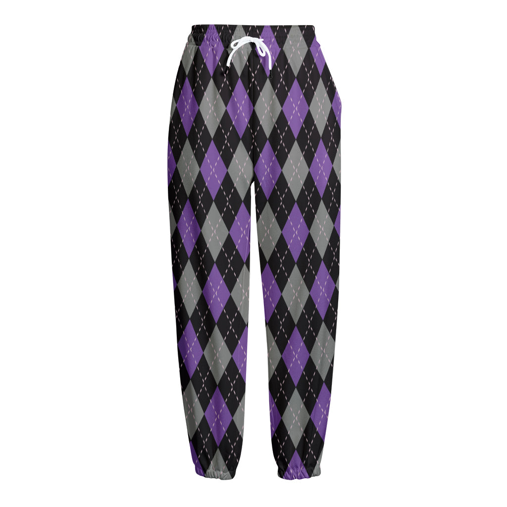 Black Grey And Purple Argyle Print Fleece Lined Knit Pants
