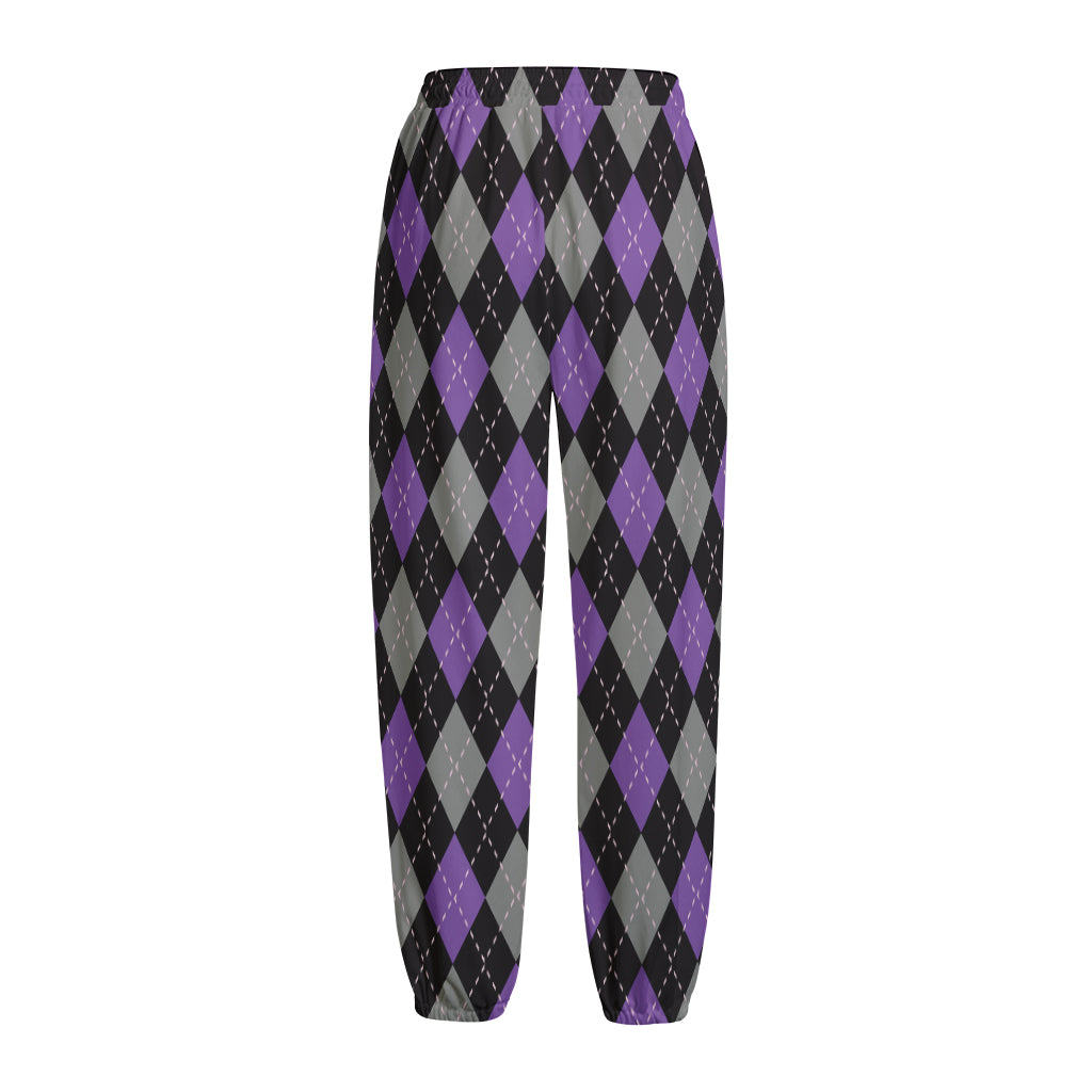 Black Grey And Purple Argyle Print Fleece Lined Knit Pants