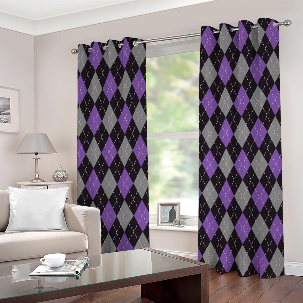 Black Grey And Purple Argyle Print Grommet Curtains