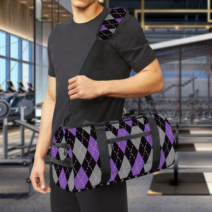 Black Grey And Purple Argyle Print Gym Bag