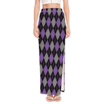 Black Grey And Purple Argyle Print High Slit Maxi Skirt