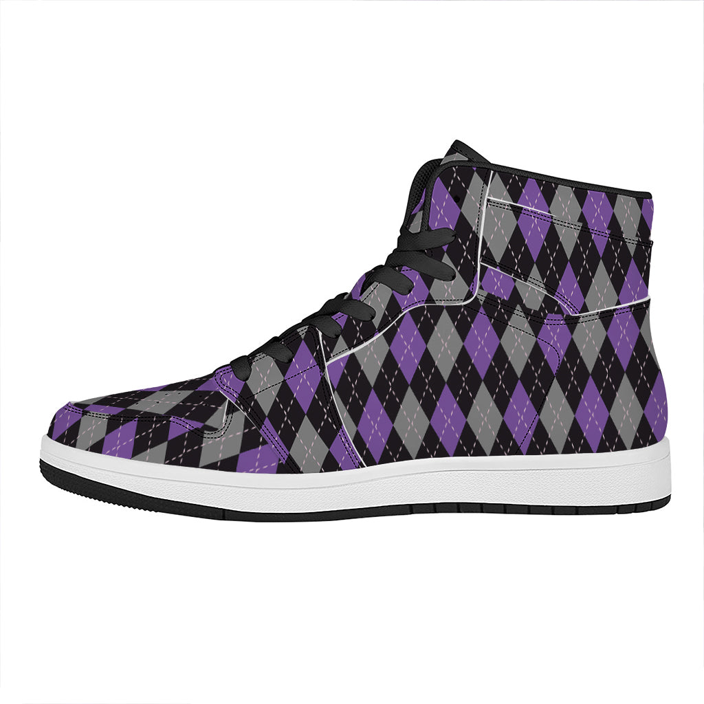 Black Grey And Purple Argyle Print High Top Leather Sneakers