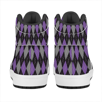 Black Grey And Purple Argyle Print High Top Leather Sneakers