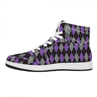 Black Grey And Purple Argyle Print High Top Leather Sneakers