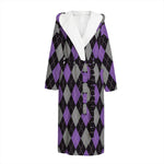 Black Grey And Purple Argyle Print Hooded Bathrobe