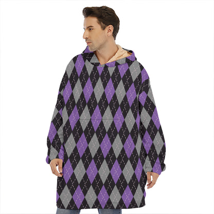 Black Grey And Purple Argyle Print Hoodie Blanket