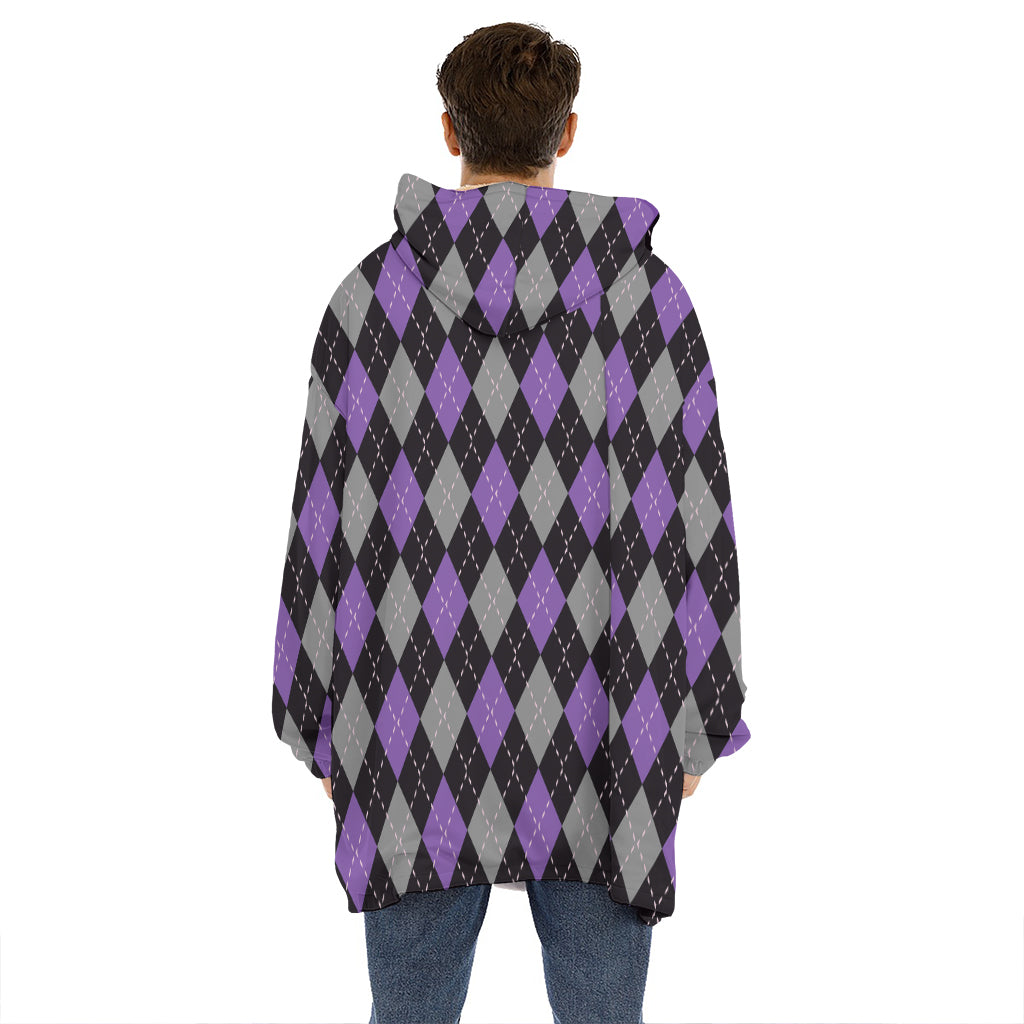 Black Grey And Purple Argyle Print Hoodie Blanket