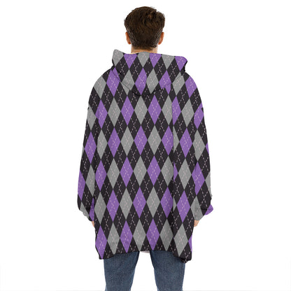 Black Grey And Purple Argyle Print Hoodie Blanket