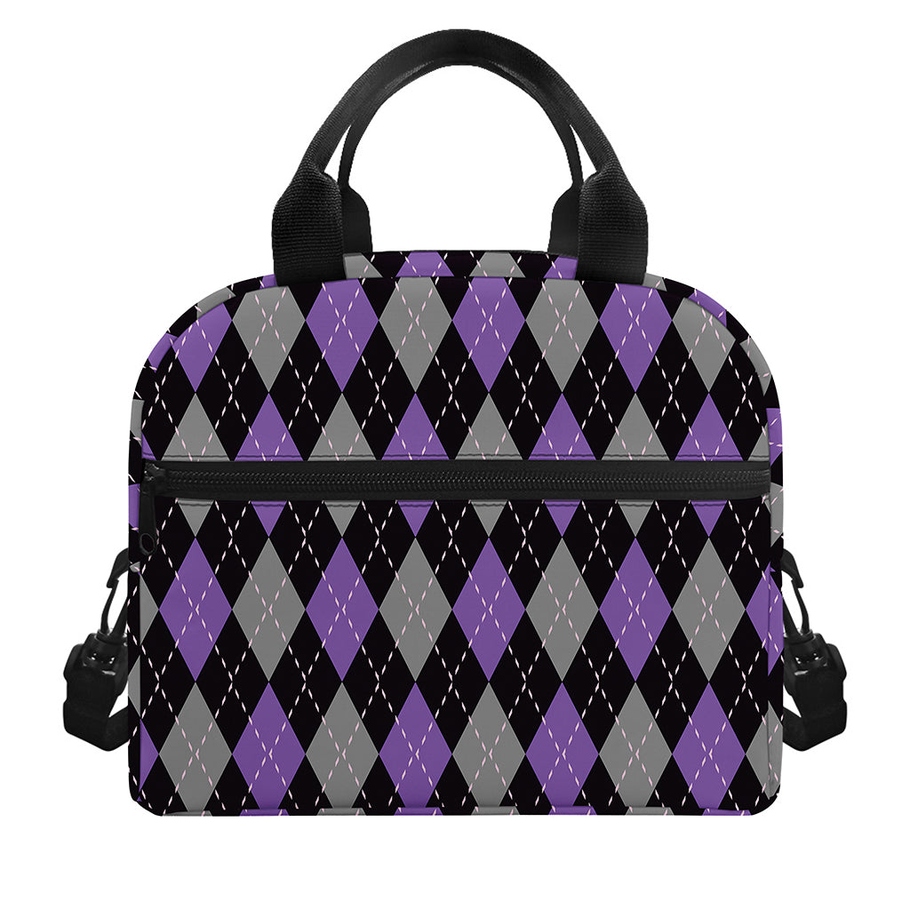 Black Grey And Purple Argyle Print Insulated Lunch Bag