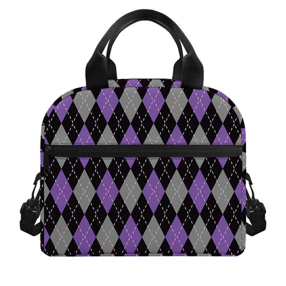 Black Grey And Purple Argyle Print Insulated Lunch Bag