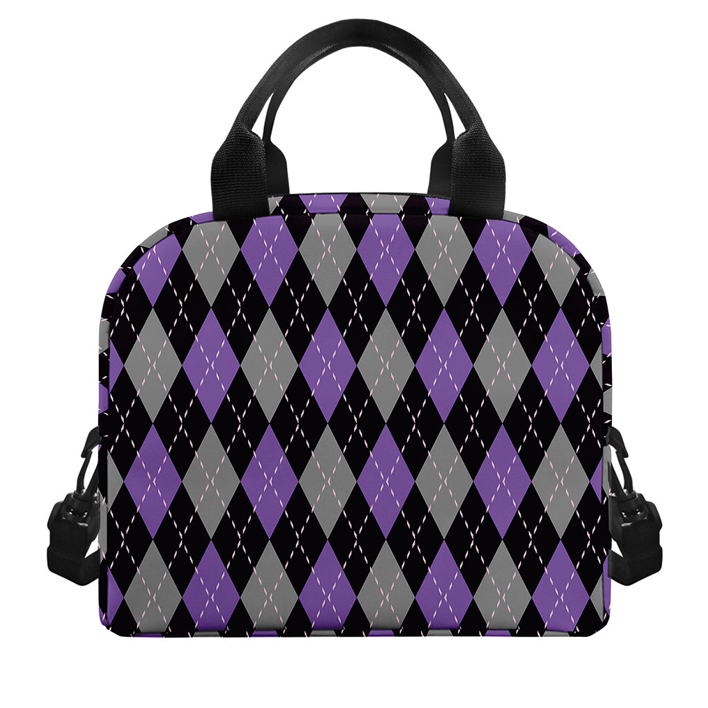 Black Grey And Purple Argyle Print Insulated Lunch Bag