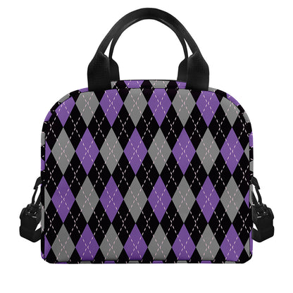 Black Grey And Purple Argyle Print Insulated Lunch Bag