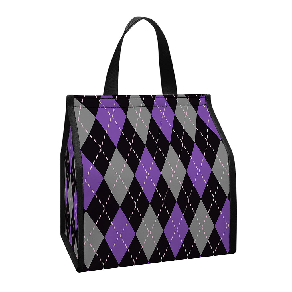 Black Grey And Purple Argyle Print Insulated Lunch Tote