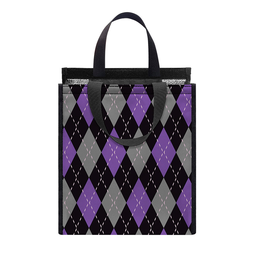 Black Grey And Purple Argyle Print Insulated Lunch Tote