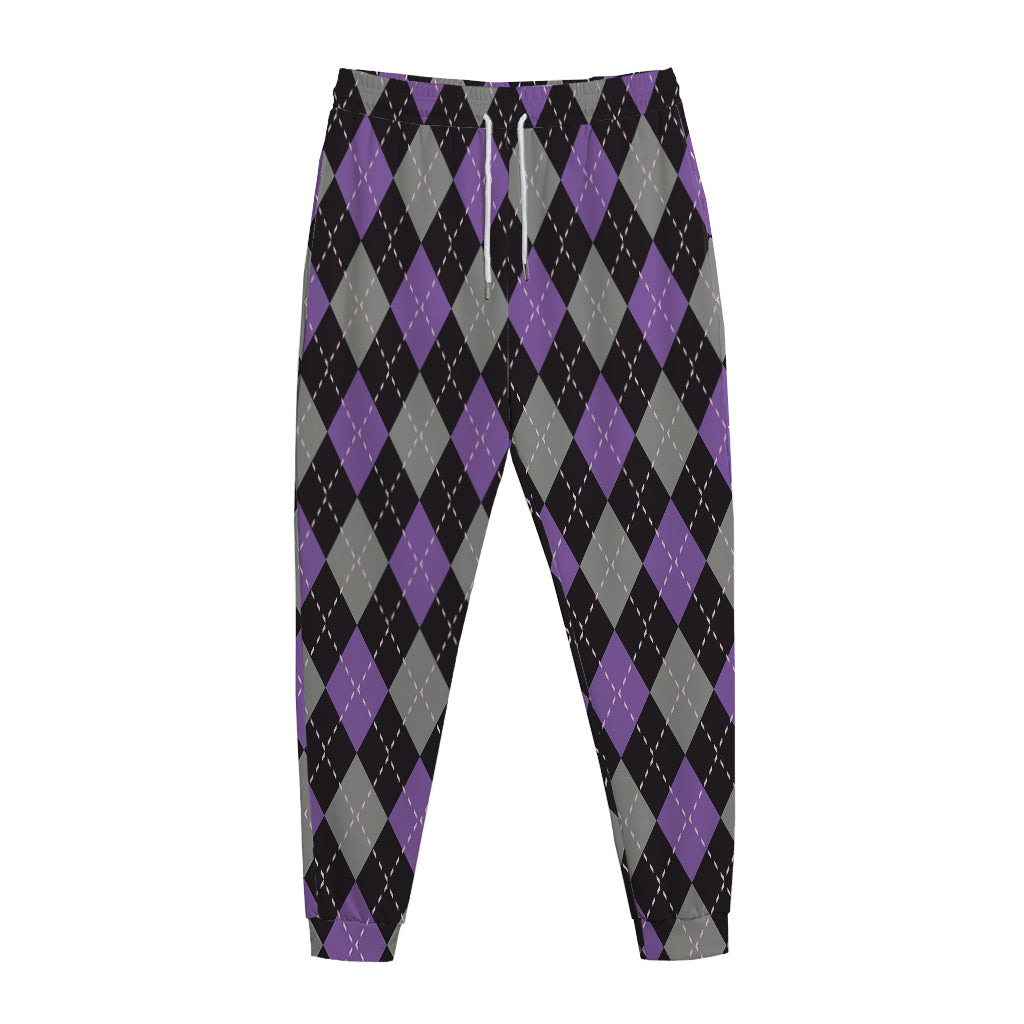 Black Grey And Purple Argyle Print Jogger Pants