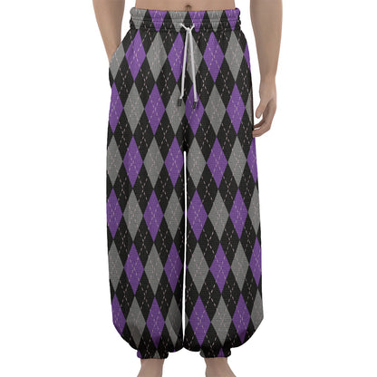 Black Grey And Purple Argyle Print Lantern Pants