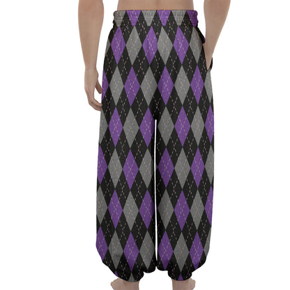Black Grey And Purple Argyle Print Lantern Pants