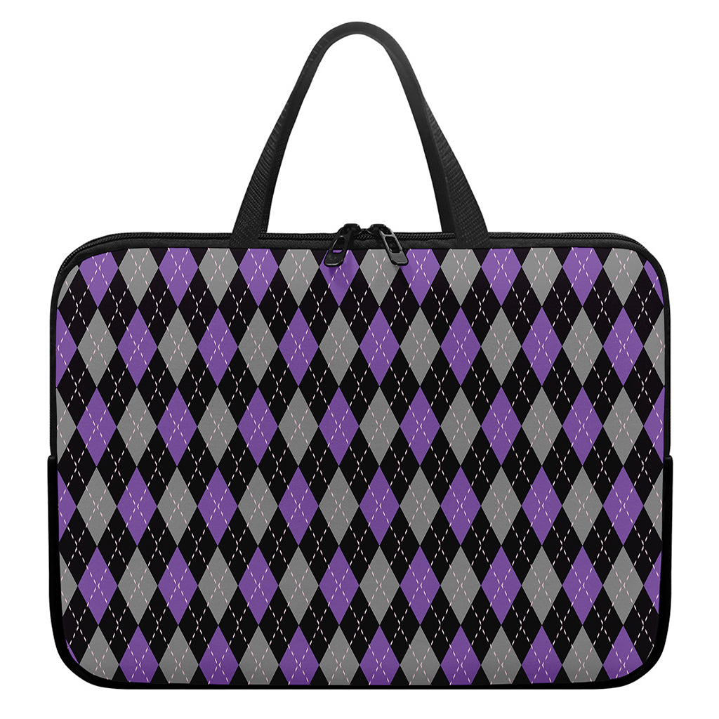 Black Grey And Purple Argyle Print Laptop Sleeve With Handle