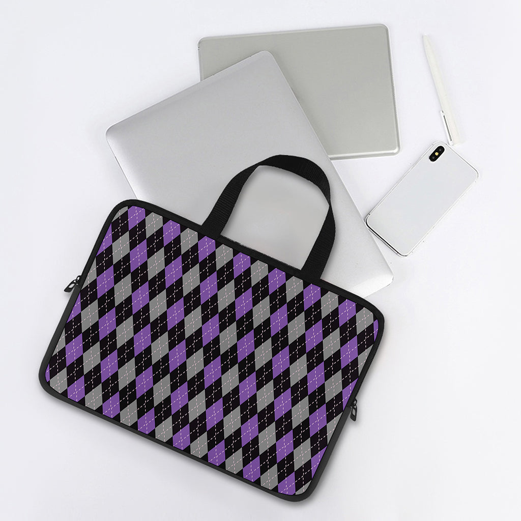 Black Grey And Purple Argyle Print Laptop Sleeve With Handle