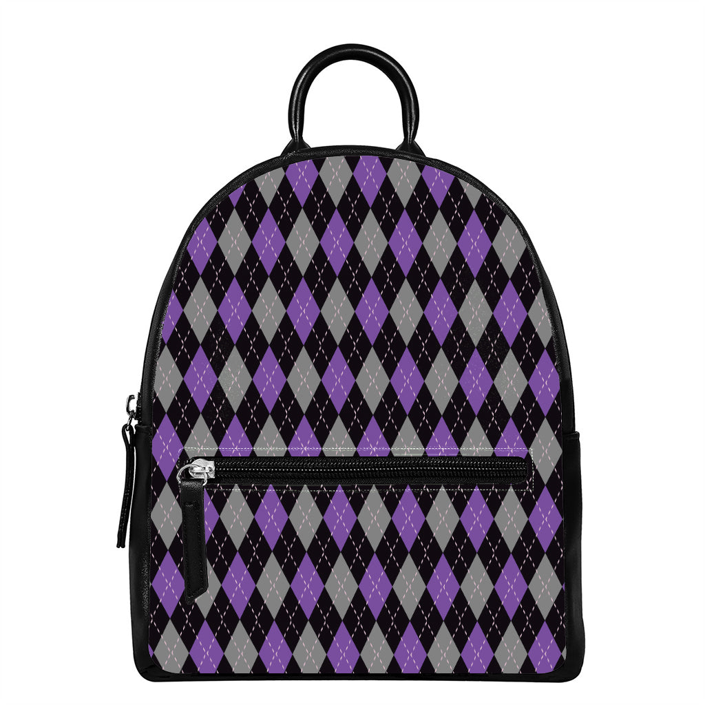 Black Grey And Purple Argyle Print Leather Backpack