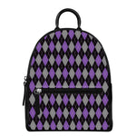 Black Grey And Purple Argyle Print Leather Backpack