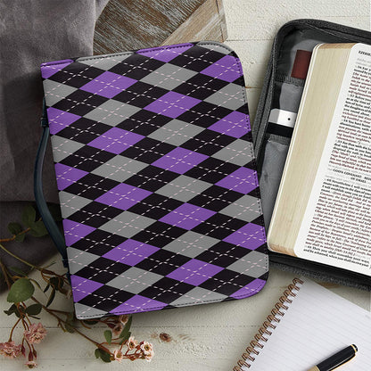 Black Grey And Purple Argyle Print Leather Bible Cover