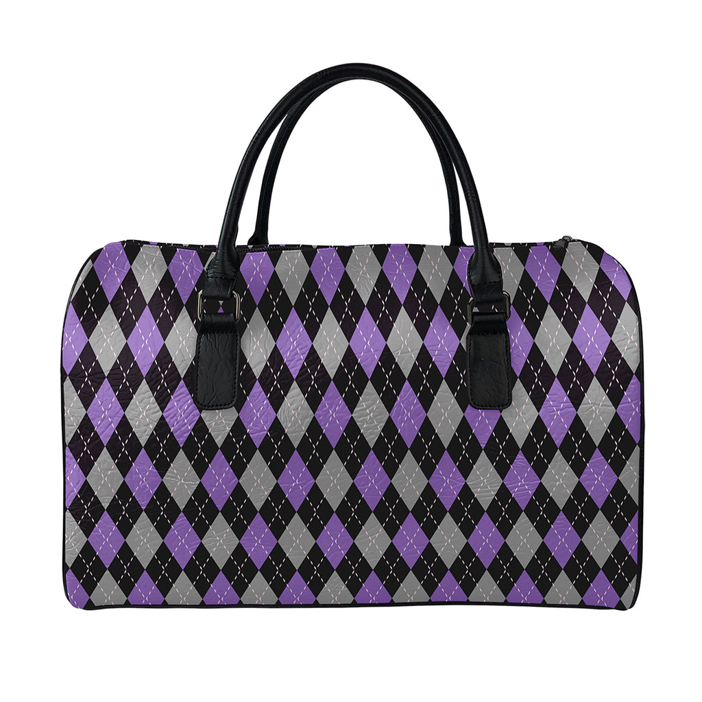 Black Grey And Purple Argyle Print Leather Duffle Bag