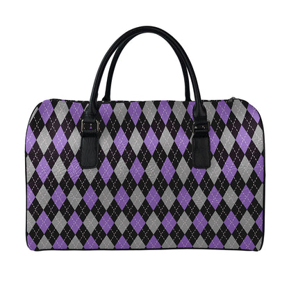 Black Grey And Purple Argyle Print Leather Duffle Bag