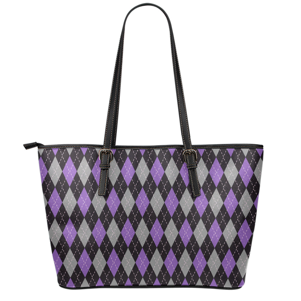 Black Grey And Purple Argyle Print Leather Tote Bag