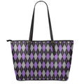 Black Grey And Purple Argyle Print Leather Tote Bag With Zipper