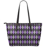 Black Grey And Purple Argyle Print Leather Tote Bag