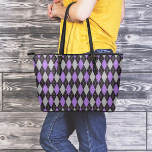 Black Grey And Purple Argyle Print Leather Tote Bag