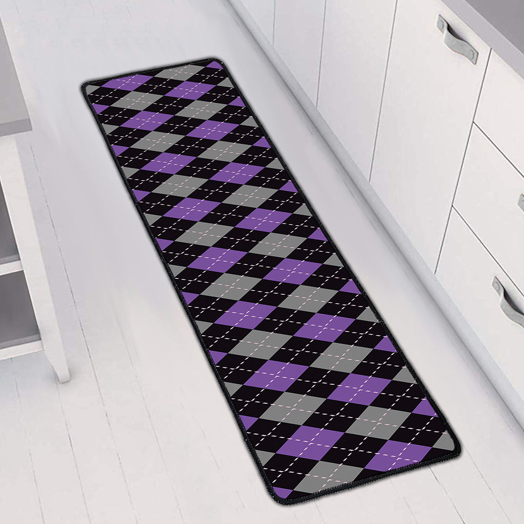 Black Grey And Purple Argyle Print Long Kitchen Mat