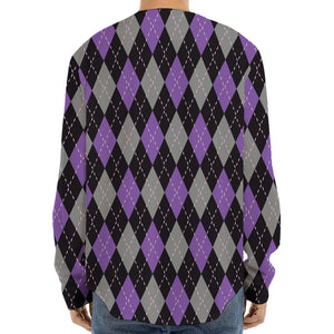 Black Grey And Purple Argyle Print Long Sleeve Baseball Jersey