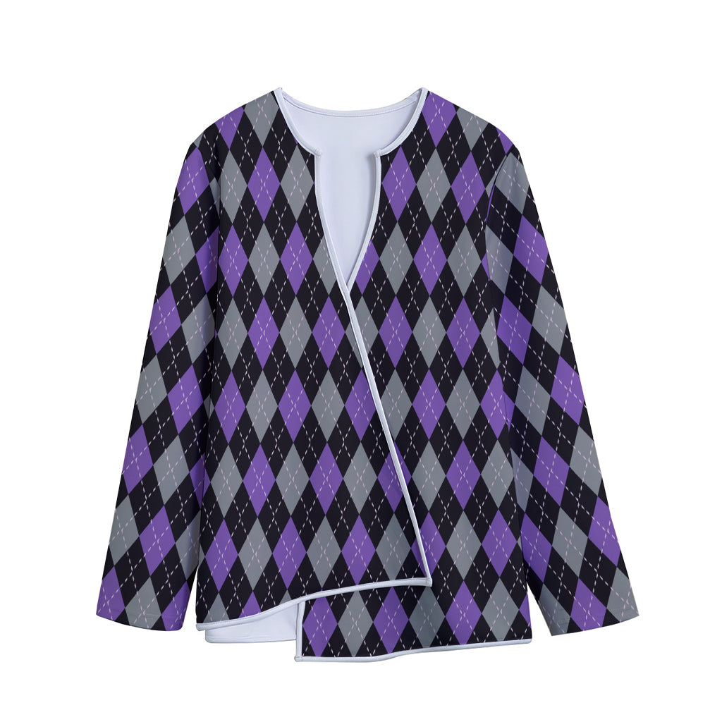 Black Grey And Purple Argyle Print Long Sleeve Short Coat
