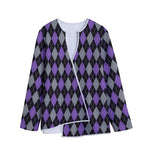 Black Grey And Purple Argyle Print Long Sleeve Short Coat