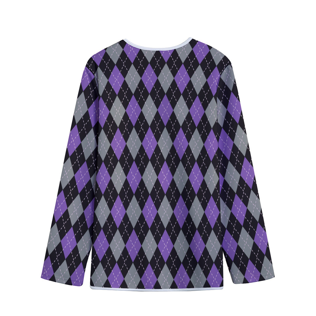 Black Grey And Purple Argyle Print Long Sleeve Short Coat