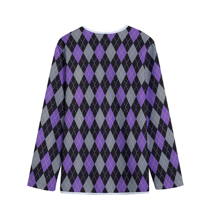 Black Grey And Purple Argyle Print Long Sleeve Short Coat