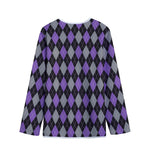 Black Grey And Purple Argyle Print Long Sleeve Short Coat